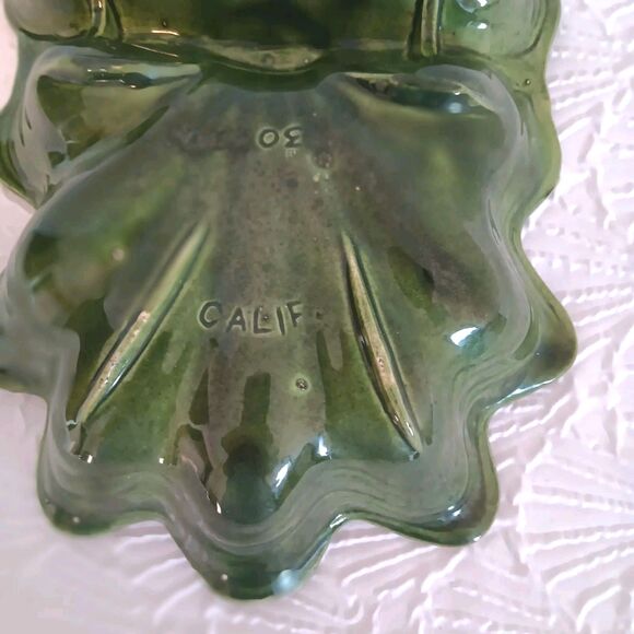 Vintage MCM  Cali Pottery Divided Leaf Dish CALIF. USA 30 Green Drip Glaze - Picture 11 of 13